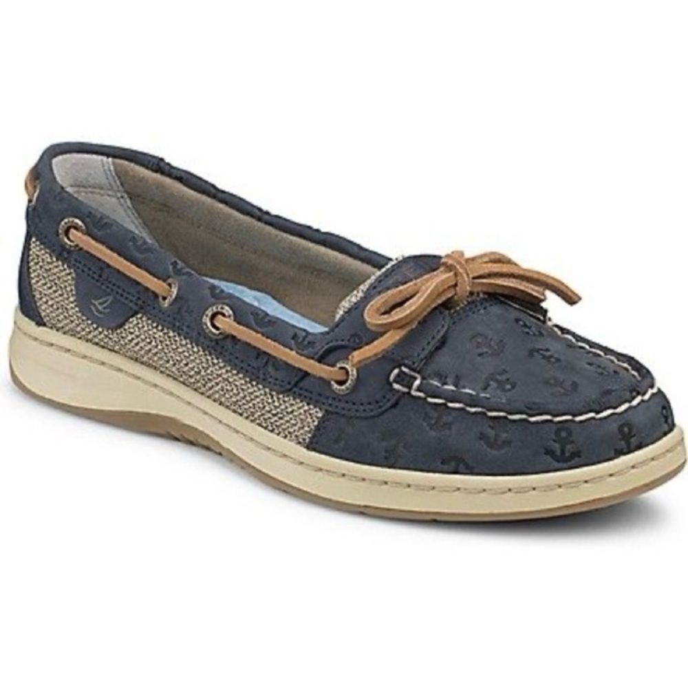 Sperry Navy and Beige Boat Shoes Loafers Women’s Sz 6 Embossed Anchor Detail